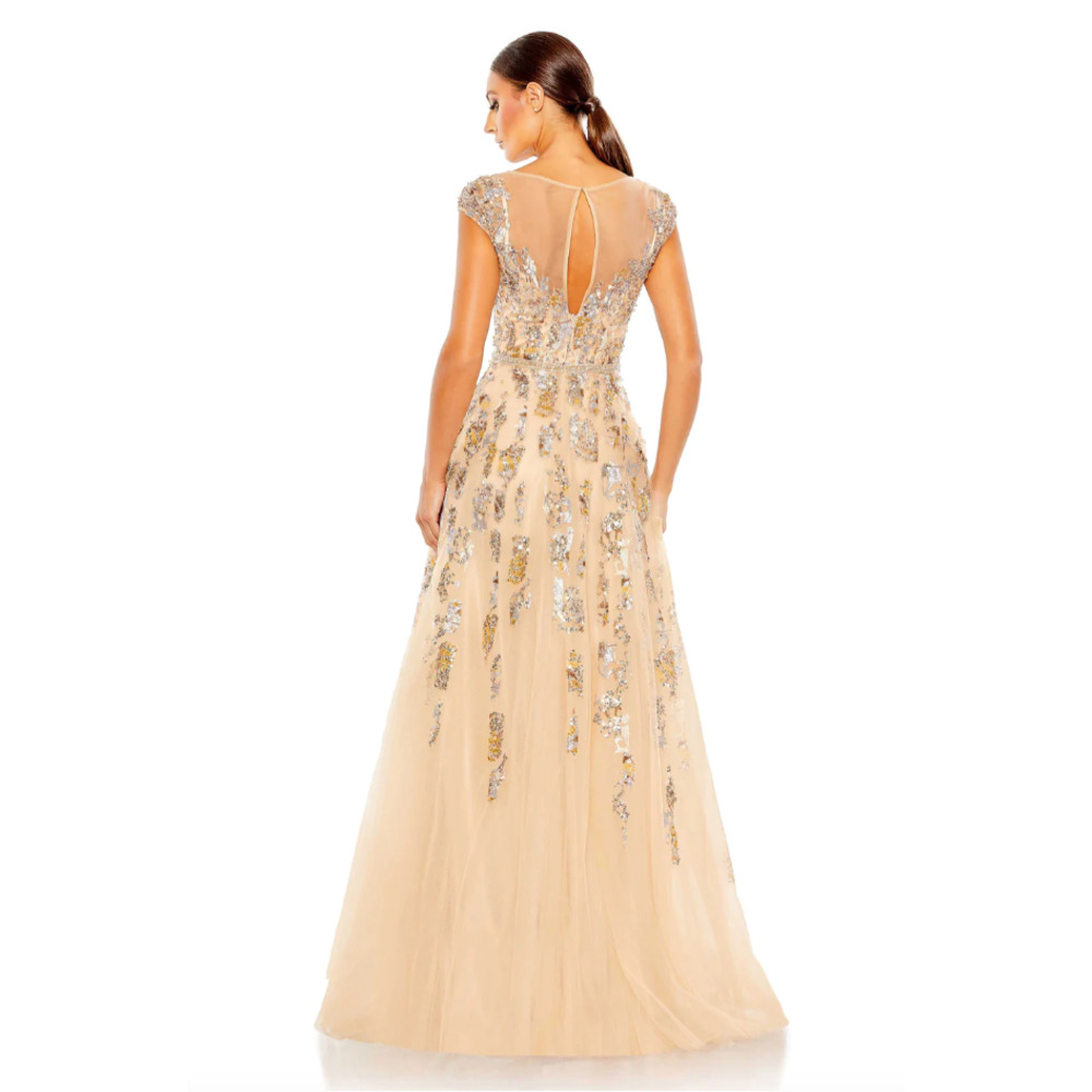 Mac Duggal Sequin CAP SLEEVE chiffon Ball GOWN, Size 10 , nude, 20364 - Picture 3 of 9